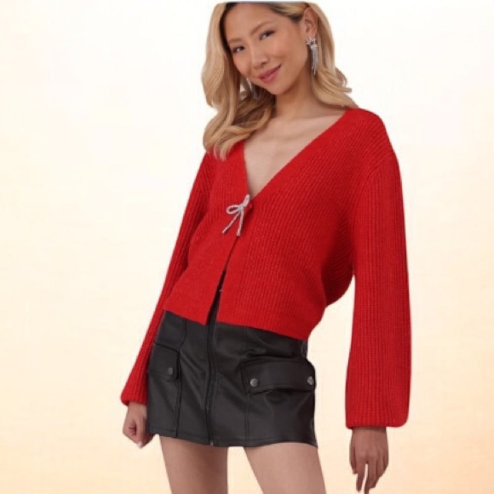 Red V-Neck Cardigan with rhinestone bow!